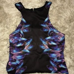 BEBE Black dress with Purple/Blue Feather Design L